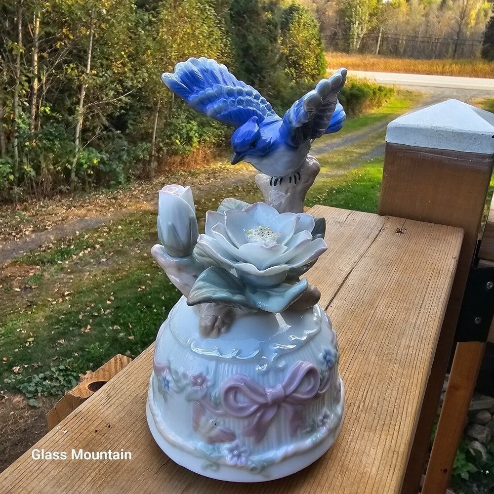 SOLD - Blue Jay Porcelain Vintage Melody Musical Box With Embossed Details